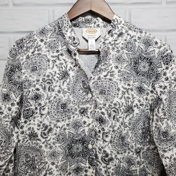 Talbots Women's 4 Black White Paisley Irish Linen Long Sleeve Button Front Top - Picture 2 of 9